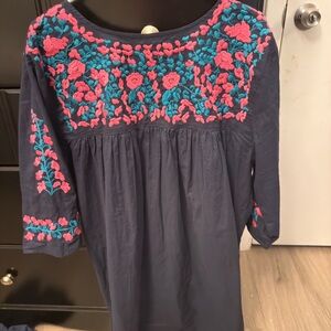 Navy Dress with Pink and Teal Embroidery